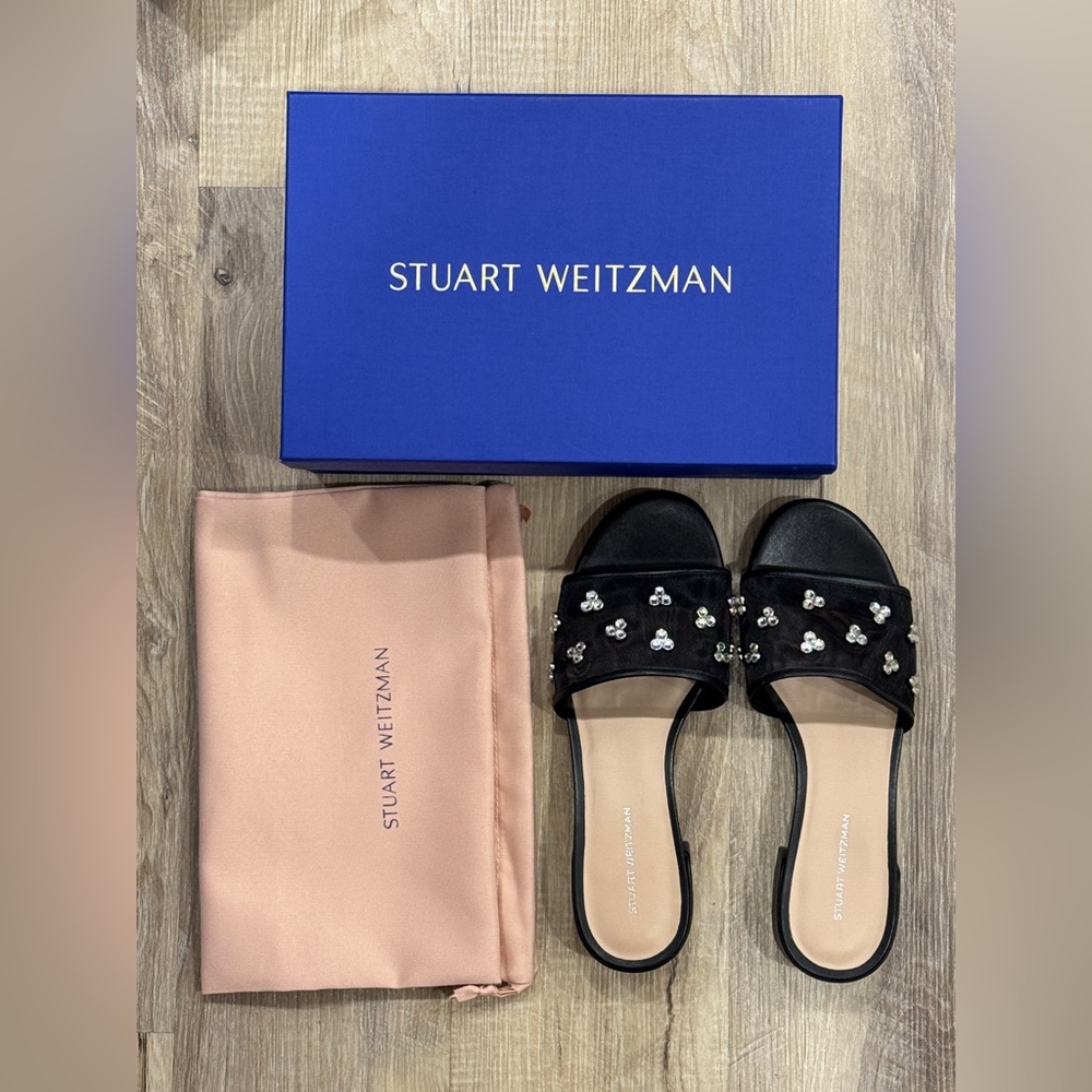 Stuart Weitzman Black Tammy Crystal Slide Sandals
